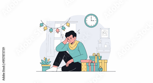 Young man sitting with wrapped gifts in illustration.