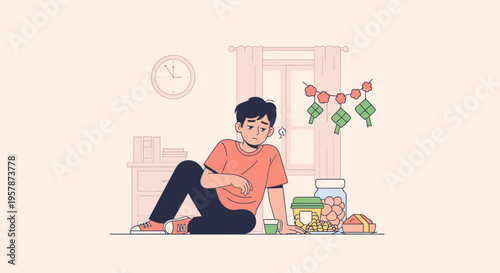 Young Person Sitting With Stomach Pain Beside Food