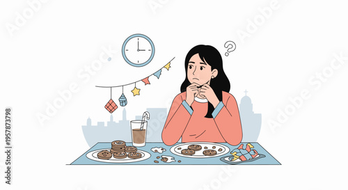Young woman dining at table with meal.