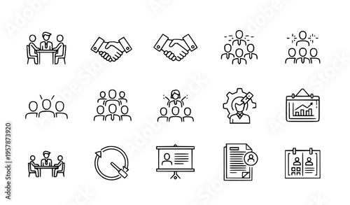 Business cooperation line icon set meeting partnership people and planning vector illustration isolated on white background