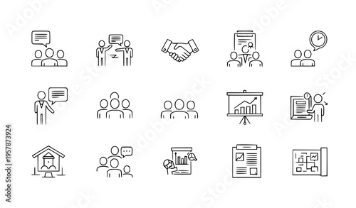 Minimal business cooperation line icon collection teamwork meeting partnership vector illustration isolated on white background