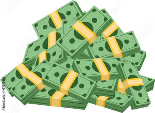 Large pile of green money banknotes, cash bundles vector for wealth, banking, and financial success concept