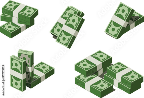 Stack of money banknotes vector set, green cash bundles for finance, banking, and wealth concept