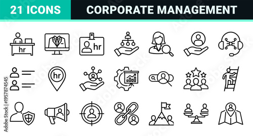 Human Resources and Corporate Management Icon Set featuring Minimalist Monoline Geometric Line Art for Business Workflow and Recruitment.