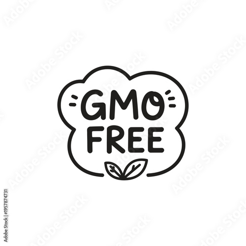 A black and white illustration displaying a GMO Free certification label with leaves