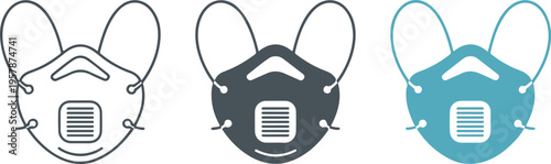 Set of three minimalist N95 respirator mask icons for medical safety air pollution protection and healthcare industrial concepts isolated on white.