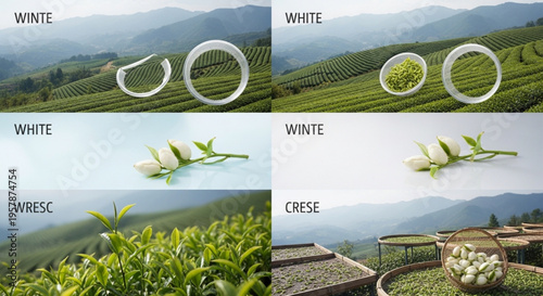 Tea plantation landscape with white highlighted tea leaves and rolling hills