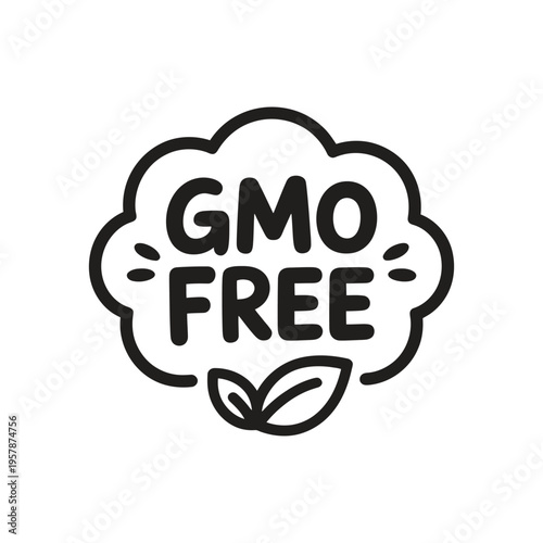 A black and white gmo free label with a cloud shape and leaves