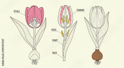 Detailed tulip flower anatomy illustration with labeled parts
