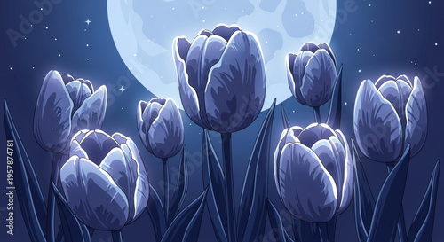Purple tulips blooming under moonlight on a starry night sky with blue flowers