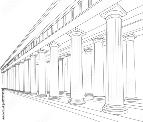Classical architectural colonnade with Greek columns vector, perspective line art for history, justice, and museum concept