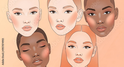 Diverse group of five people with different skin tones and hairstyles looking forward with closed or open eyes on peach background