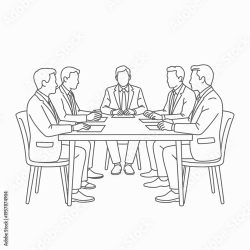 Business people sitting around meeting table line art illustration chairs conference