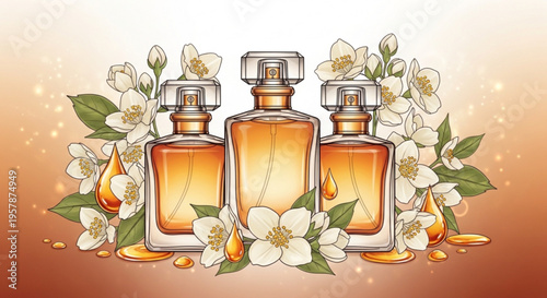 Three luxury perfume bottles with white flowers on gradient background