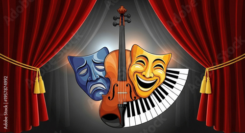 Theatrical masks violin and piano keyboard behind red stage curtains symbolizing drama music and performance art
