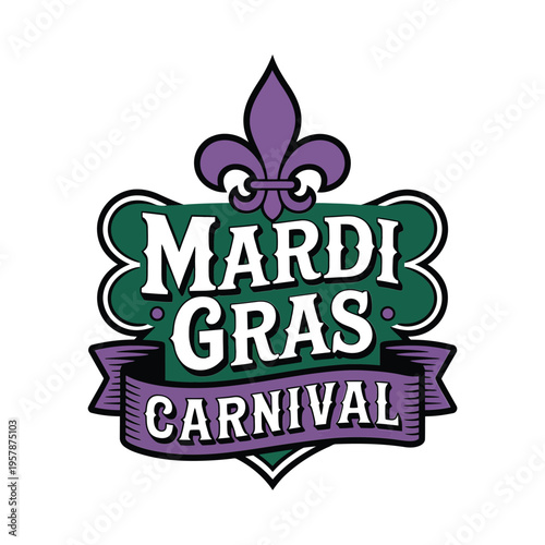 A vibrant mardi gras logo featuring the fleur de lis and festive lettering