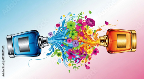 Perfume bottles exploding with colorful floral scents fragrance concept with blue and orange bottles