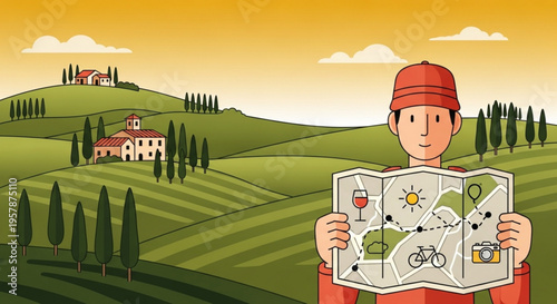 Man in red holds map with wine glass and bicycle in green hills with house and trees