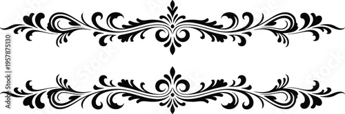 Vintage floral divider ornament vector set, black symmetrical scroll borders for luxury wedding invitation decoration