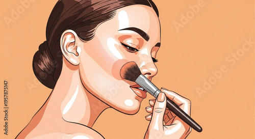 Woman applying makeup with brush on face beauty routine cosmetics skincare illustration