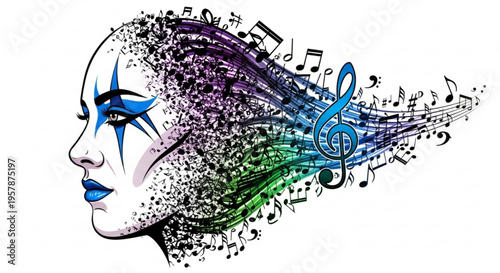 Woman's face with blue makeup and musical notes emerging from her hair in vibrant colors