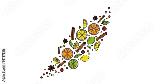 Colorful illustration of citrus fruits and spices on white background for culinary or wellness themes