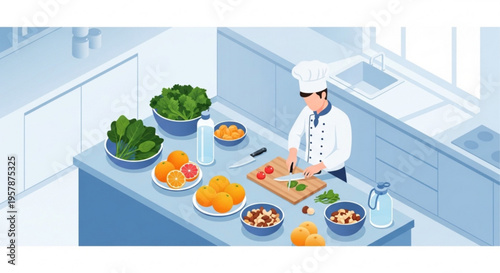 Chef preparing healthy meal with fresh fruits and vegetables in modern kitchen
