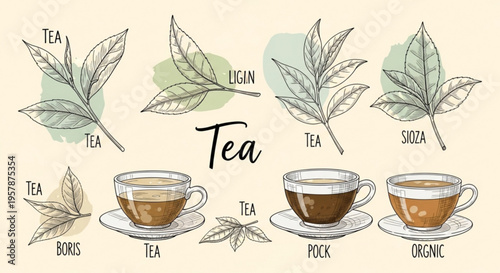 Tea varieties illustrated with leaves and cups on saucers