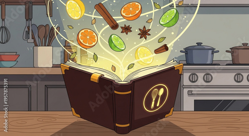 Open cookbook with floating citrus fruits and spices in a kitchen