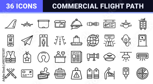 Commercial Aviation Outline Symbols for Airline Logistics and Passenger Experience featuring Minimalist Geometric Monoline Aesthetic