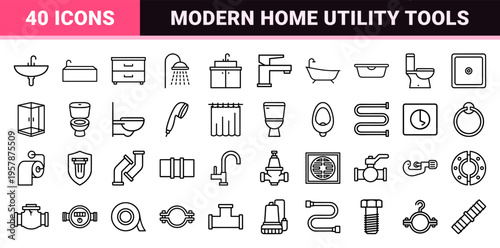 Minimalist monoline plumbing and sanitary bathroom icon set featuring geometric line art for modern interior design and architectural planning.