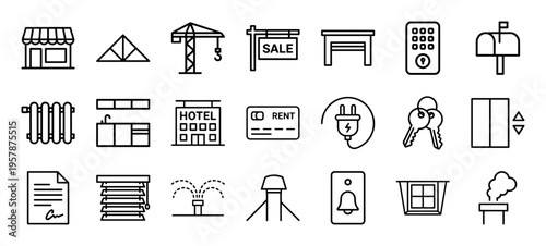 Real Estate Property Types and Management Symbols in Minimalist Geometric Monoline Style for Architecture and Urban Planning Utility.