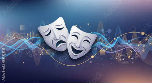 Theatrical comedy and tragedy masks on abstract background with blue waves and cityscape at night