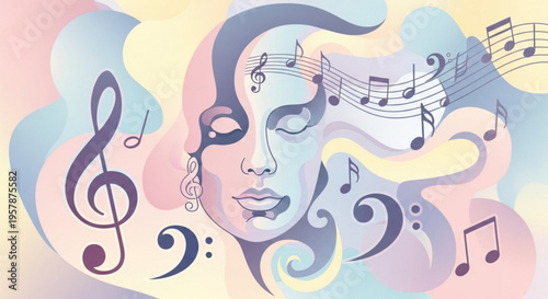 Woman's face with closed eyes surrounded by swirling music notes and colorful abstract shapes in pastel hues