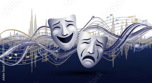 Theatrical comedy and tragedy masks with abstract lines on white and dark blue background