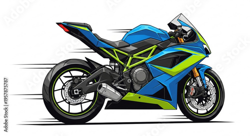 Vibrant blue and green motorcycle speeding on white background with motion blur