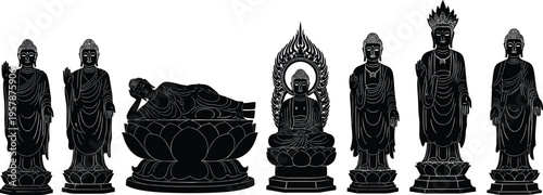 Buddha statue silhouette collection featuring reclining, sitting, and standing poses, Zen religious icons for meditation, spirituality, Buddhism culture, and peace.