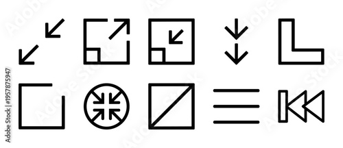 Minimalist Monoline Expansion and Compression Interface Symbols Featuring Geometric Navigation Outlines for Software and App Development.