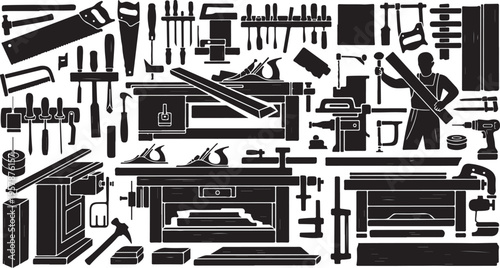 Black and white illustration of various carpentry tools and equipment