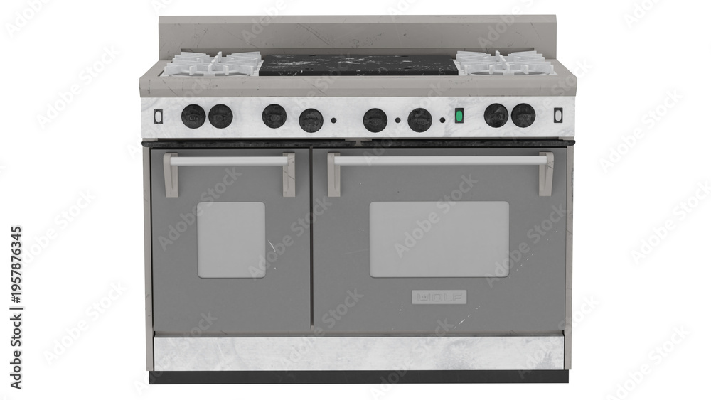 Obraz premium Double kitchen gas stove with multiple burners and oven ready for cooking in a home kitchen setting