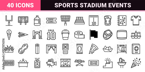 American Football Stadium and Game Day Tailgate Minimalist Monoline Geometric Line Art Icons for Sports Broadcasting and Event Branding