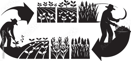 Agricultural Cycle Silhouette Illustration of Planting and Harvesting Crops