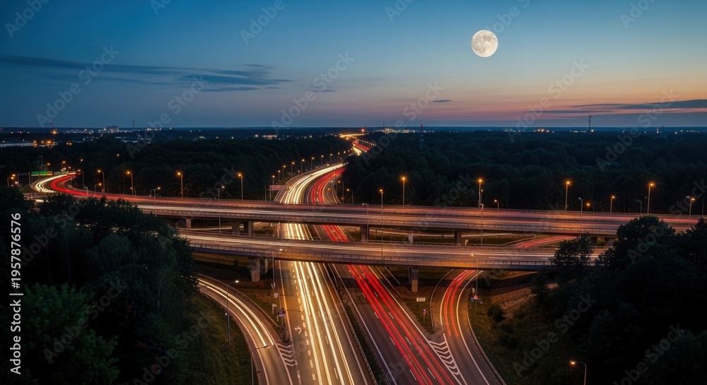 Fototapeta premium Nighttime Freeway Interchange Bathed In Moonlight With Light Streaks