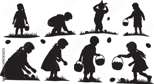 Children Silhouettes Collecting Easter Eggs in a Grass Field