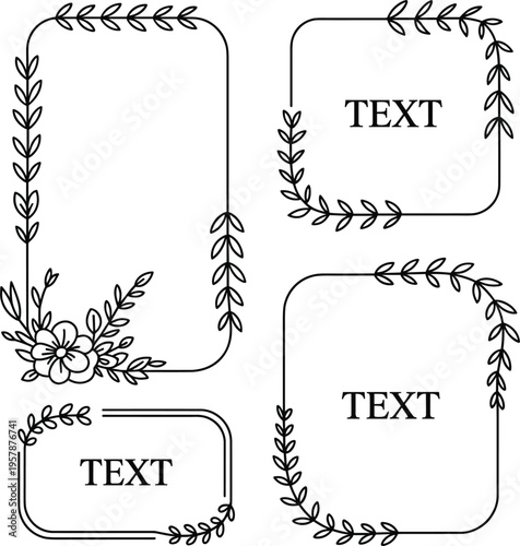 Floral frame vector set, black line art botanical borders with leaves for wedding invitation and text