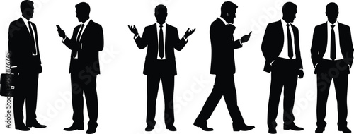 Businessman silhouettes set, corporate executive in suit with briefcase, professional manager using smartphone, black vector people collection for business design,