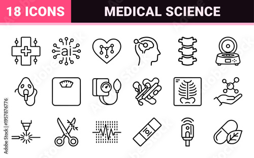Biotechnology and Medical Science Research Linear Symbols featuring DNA Helix, Molecular Structures, and Healthcare AI in Minimalist Monoline Style