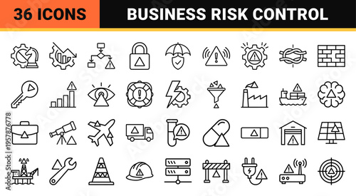 Risk Management and Corporate Oversight Minimalist Monoline Icon Set featuring Geometric Line Art for Business Compliance and Safety.