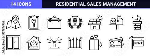 Minimalist Monoline Real Estate Icon Set Featuring Property Sales, Construction, Mortgages, and Agency Services in Sleek Geometric Line Art
