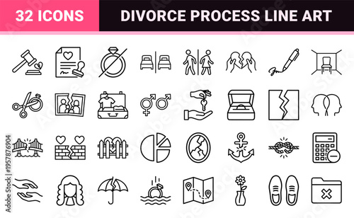 Minimalist monoline divorce and separation icons featuring geometric line art symbols for legal mediation and relationship dissolution.